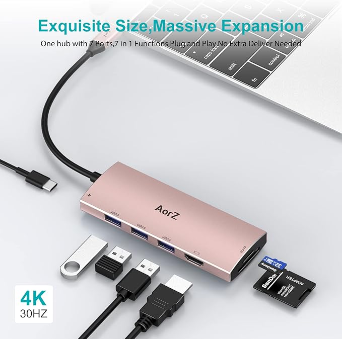 USB C Hub, USB Hub to HDMI Multiport AorZ USB C Dongle Adapter 7 in 1 with HDMI Output,3 USB 3.0 Ports,SD/Micro SD Port,PD Charging Port USB C HUB (Pink)