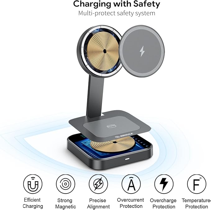 Esoulk 2 in 1 Magnetic Wireless Charging Station, Foldable Charger Stand for iPhone 17/16/15/14, AirPods Charging Pad, Travel Compact 15W Fast Wireless Charger