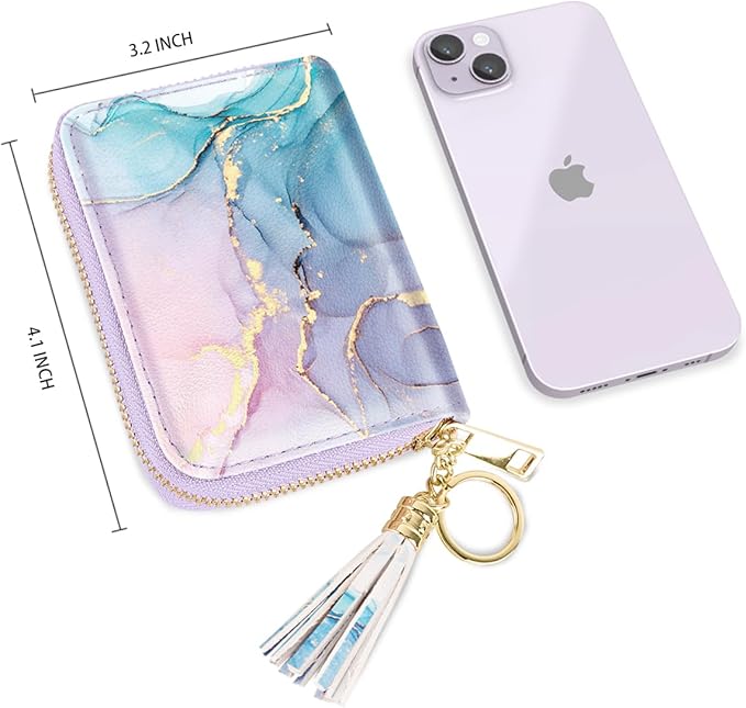 Coco Rossi Leather Credit Card Wallet for Women, RFID Blocking Zipper Cards Holder with Tassel, Gradient Marble