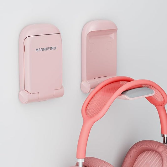 MAMUVIMO Headphone Stand, Headset Stand Foldable ＆ Sticky, Headphone Holder Hook Mount with Non-Slip Silicone, Adhesive Earphone Desk Hanger Clip Space-Saving for Airpods Max, All Earphones- Pink