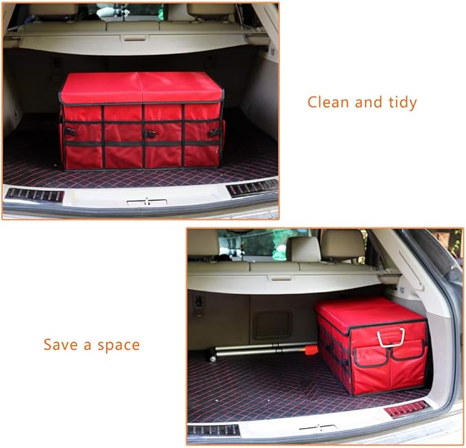 Car Trunk Organizer Collapsible Portable Multi Compartments Organizer with Non Slip Straps for SUV Truck Auto Vehicle Car Auto Minivan(Large covered, Red)