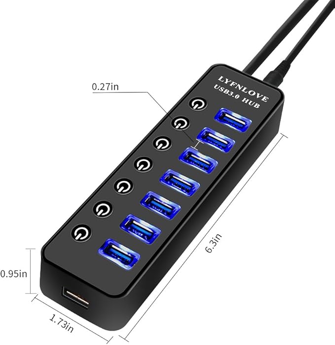 Powered USB Hub 3.0 Extender, Multiple Port Hub Splitter for Laptop PC with Power Adapter and Charging Port, USB Expander with On/Off Switches for MacBook, iMac, Surface Pro