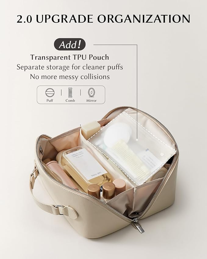 EACHY Travel Makeup Bag, Large Capacity Cosmetic Bag for Women, Waterproof PU Leather, Flat Open Portable Toiletry Bag for Skincare, Brushes & Travel Essentials