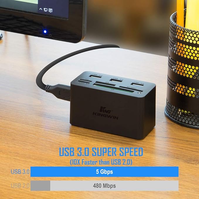 Kingwin USB HUB Adapter w/ Memory Card Reader Writer & USB 3.0 HUB Combo - Supports High Speed SD MS Micro M2 CF Card Reader For Macbook, Laptop, Desktop - Includes USB Cable 5 Gbps Speed, Black