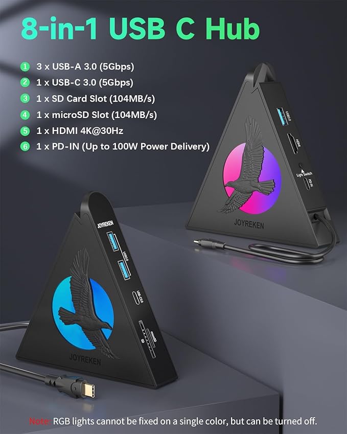 USB C Hub, 8-in-1 Type C Hub with 4K HDMI, 100W Power Delivery, 5Gbps USB-C, 3xUSB-A 3.0, SD/TF Card Reader, RGB Lighting, Dock for MacBook Air/Pro, iPad, iPhone17, Surface, XPS, etc.