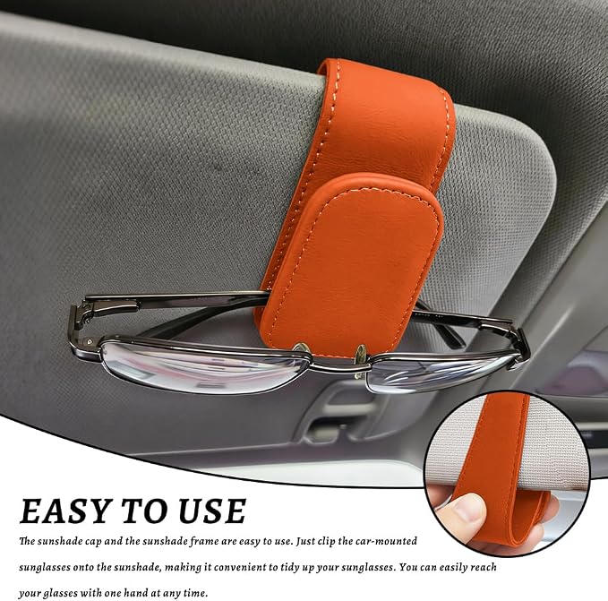 Sunglass Holder for Car, Car Sunglass Holder, Magnetic Leather Sunglasses Holder and Ticket Card Clip, Auto Multi-Functional Sun Visor Eyeglass Holders for SUV Pickup Truck (Orange)