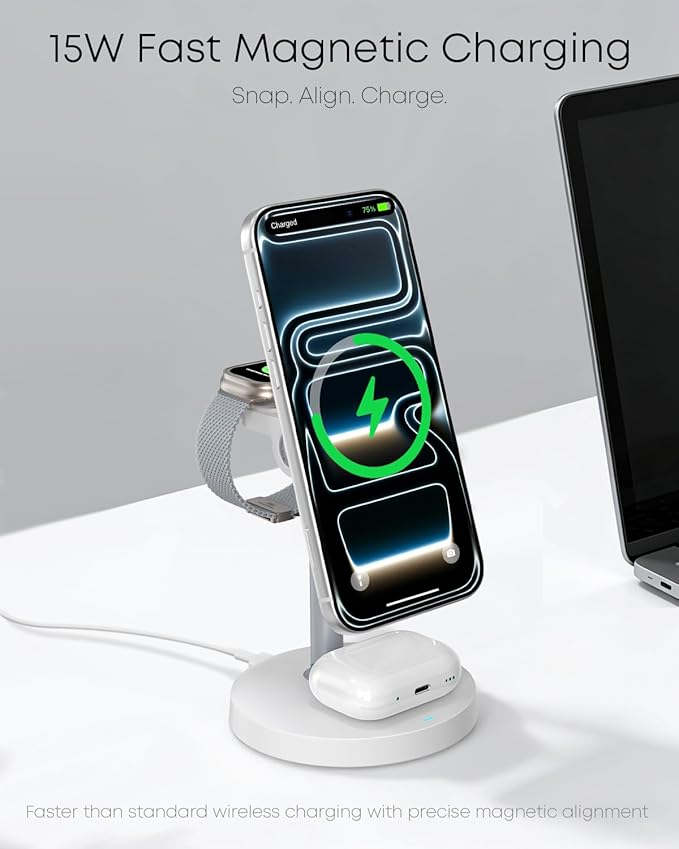 3 in 1 Magnetic Wireless Charging Station, 15W Fast Charger Stand for iPhone, Phone Charger Stand for Desk Nightstand, Compatible with iPhone 17/16/15/14, Apple Watch & AirPods, Adapter Not Included