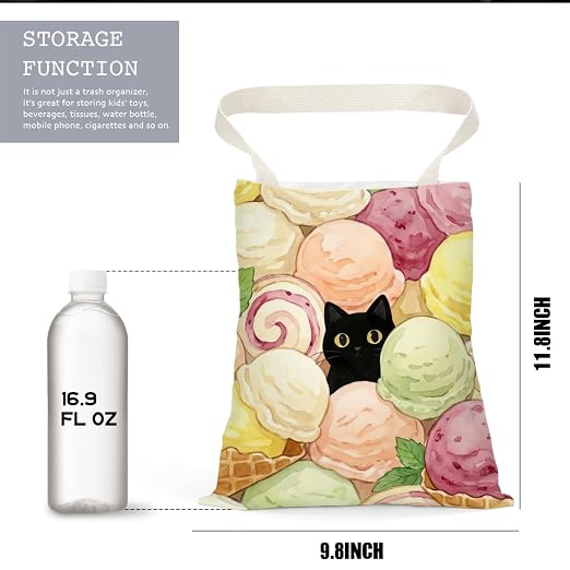 Black Cat Car Trash Bag, Icecream Car Trash Bag Hanging,Icecream Accessories, Summer Decor Waterproof Cars Back Seat Hanging Organizer Garbage Can for Vehicle Travelling Camping