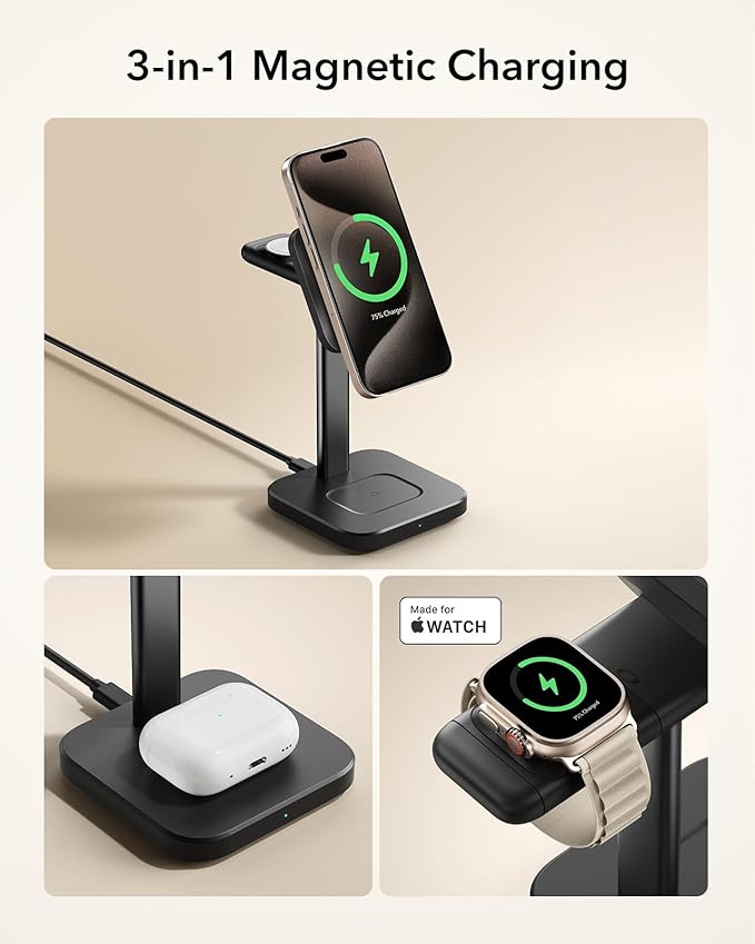 ESR Qi2 3 in 1 Wireless Charging Station, [Certified] Apple Watch Charger & 15W Qi2 MagSafe Charger Stand for iPhone, Wireless Charger for Multiple Devices iPhone 16/15/14/13&Watch&AirPods,Black