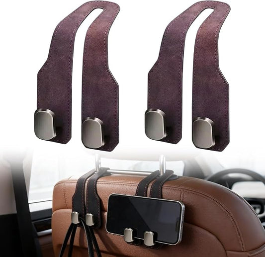 Car Seat Back Storage Hook, 2026 New Car Seat Headrest Hook for Purses and Bags, Leather Car Seat Back Storage Hooks, Car Seat Hangers Organization Accessories (Brown 2pcs)