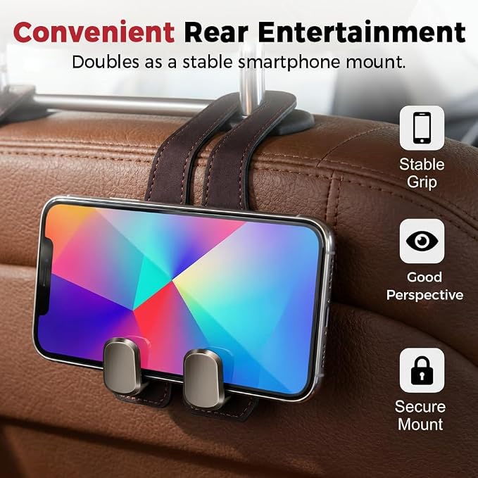 Car Seat Back Storage Hook, 2026 New Car Seat Headrest Hook for Purses and Bags, Leather Car Seat Back Storage Hooks, Car Seat Hangers Organization Accessories (Grey 1pcs)
