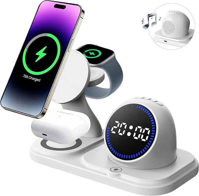 Wireless Charging Station with Clock,6-in-1 Charging Stand for Multiple Devices for iPhone 17 16 15 14 13 12 Pro Max, Apple Watch, Airpods, Bluetooth Speaker + RGB Light