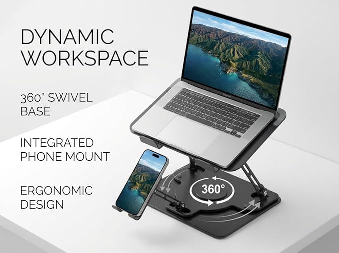 Laptop Stand for Desk,Adjustable Computer Stand with 360° Rotating Base,2-in-1 Laptop Stands with Phone Holder,Ergonomic Laptop Riser for Collaborative Work,fits for All 10-16" Laptops