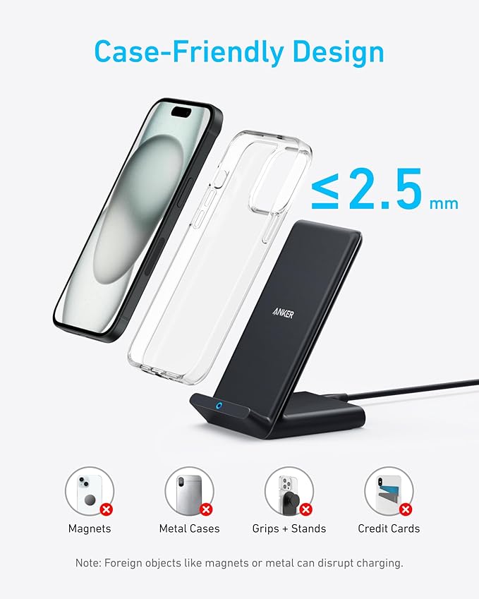 Anker 313 Wireless Charger (Stand), Qi-Certified for iPhone 17/17/17 Pro/17 Pro Max/15/14/13, 10W Fast-Charging Galaxy S23 S22 S21(No AC Adapter)