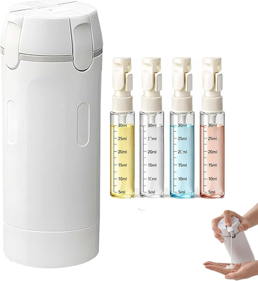 4 in 1 Travel Dispenser, Travel Bottles for Toiletries, No Squeeze Press Dispenser 30ML Leak Proof Travel Containers, Portable Refillable Shampoo Lotion Conditioner Bottles with Labels(1White)