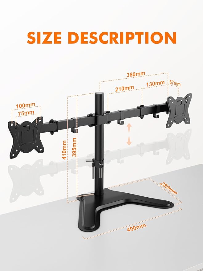 GRIFEMA Two Monitor Stand for 13-32'' LED/LCD Inch, Support 2 Monitors, Monitor Arm Height Adjustable, Tilt, Rotate, Rotate, Cable Management, up to 10 kg, VESA 75/100 mm