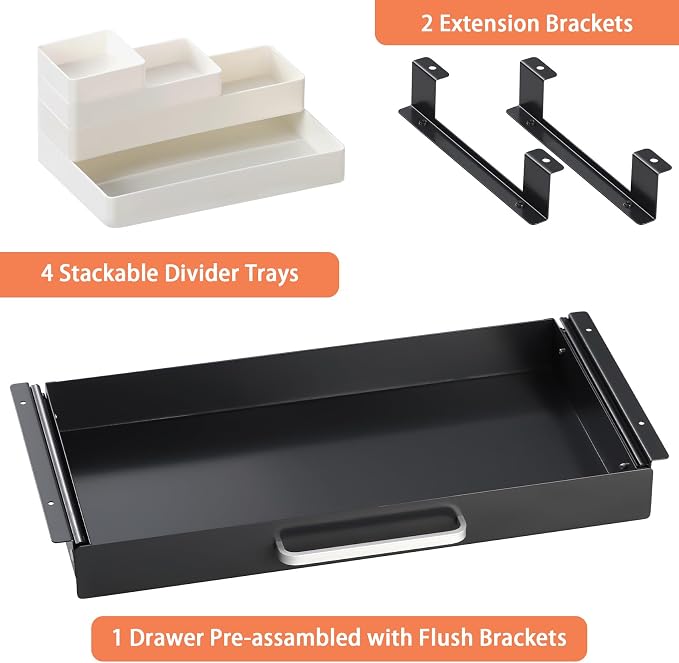 Under Desk Drawer Black 21" with 4 Divider Trays, Under Shelf Pencil Drawer Pull-out, Standing Desk Metal Storage Attachment Slide Out for Workbench