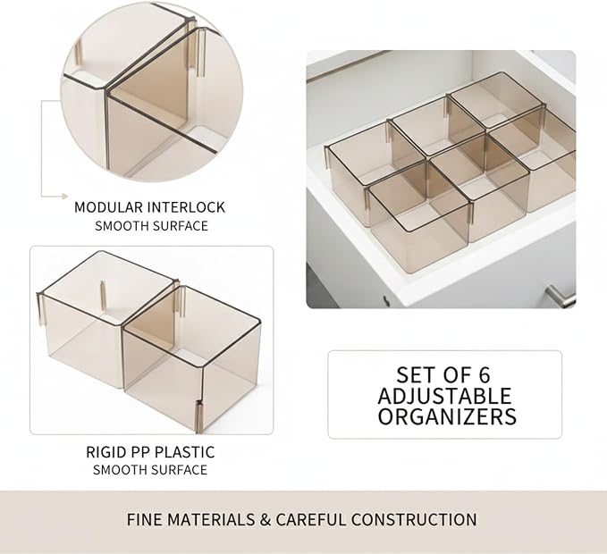 Modular Drawer Dividers Set of 6, Adjustable PP Plastic Organizers for Desk, Kitchen, and Dresser Drawers, 12.6 x 9.4 x 2.4 Inches (Set of 6)