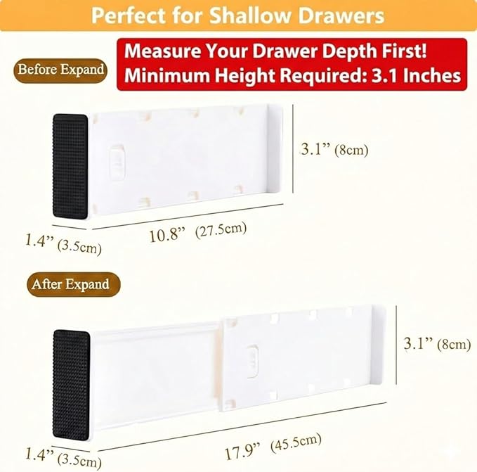 6-Pack Adjustable Drawer Dividers (10.8"-17.9"), 3.1" High Expandable Organizers for Baby Nursery, Bathroom Vanity, Desk & Junk Drawers - Non-Slip Locked Separation