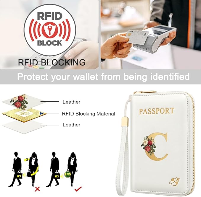 Passport Holder for Travel Personalized Passport Holder Initial Letter Rose Flower RFID Blocking Travel Wallets Credit Cards Holder for Women Men, White C