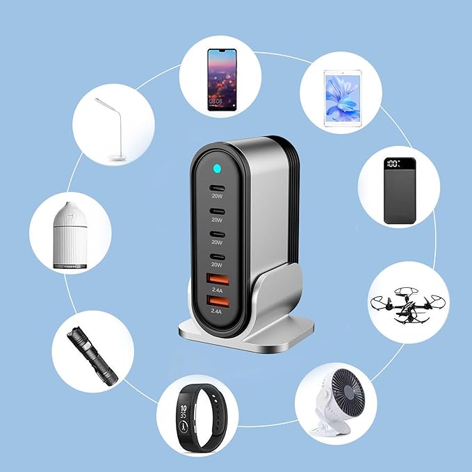 USB C Fast Charger : 6 Port Desktop Multiple Devices Power Adapter for Laptop MacBook Pro/Air, DELL, Tablet iPad Pro/Air, iPhone 16/15/14, Galaxy S23/22