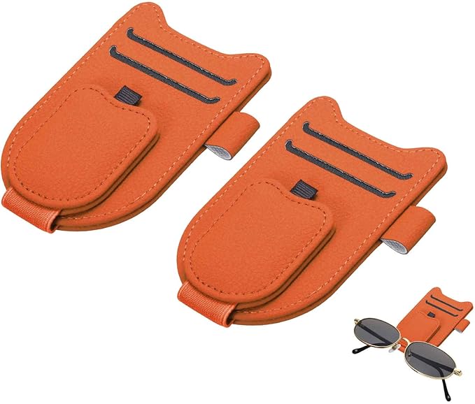 HARFINGTON 2 Pcs Sunglass Holder for Car Magnetic Leather Glasses Holder Universal Visor Sunglasses Clip Car Accessories Interior for Glasses Ticket Cards,Orange