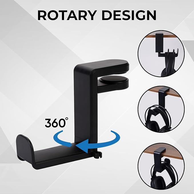 Headphone Stand for Desk - Clamp On Headset Holder with 360° Rotation & Cable Management - Universal Desktop Headphone Hanger Hook for All Headsets