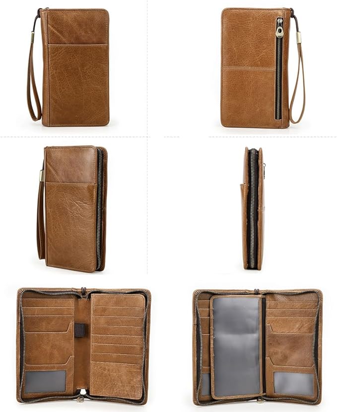 CONTACTS Full Grain Leather Travel Family Passport Holder for 4 Passport Wallet RFID Blocking Passports Organizer 3 Layer Design Fit 4 Passports, 13 Credit Cards (Camel Brown)
