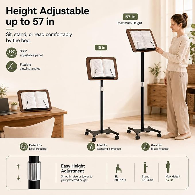 2-in-1 Rolling Book Stand, Floor & Desktop Book Holder for Heavy Books | Hands-free read | Lockable wheels | Cozy movable study setup | Up to 57 in | One stand, two ways to use | 360° Rotating Panel