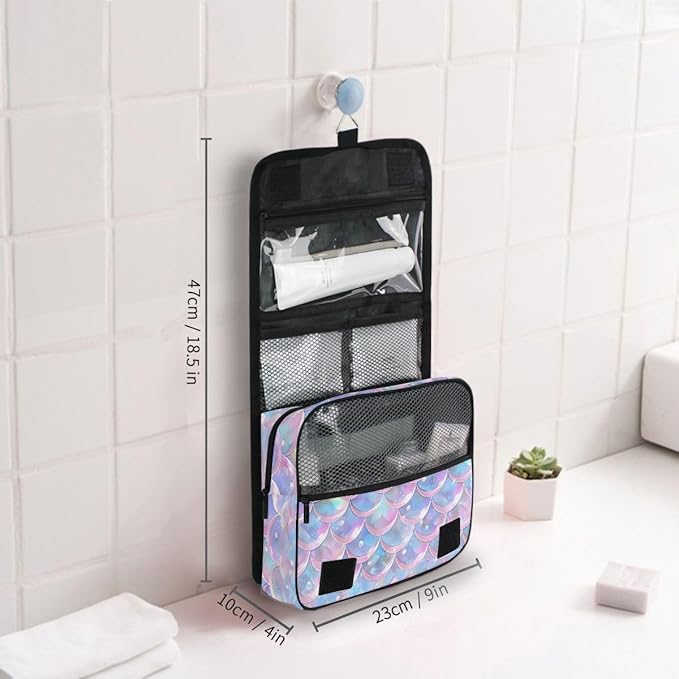 senya Hanging Travel Toiletry Bag Cute Kit Makeup Case Cosmetics Organizer for Men Women (Pale Pink Purple Blue Mermaid Scales)