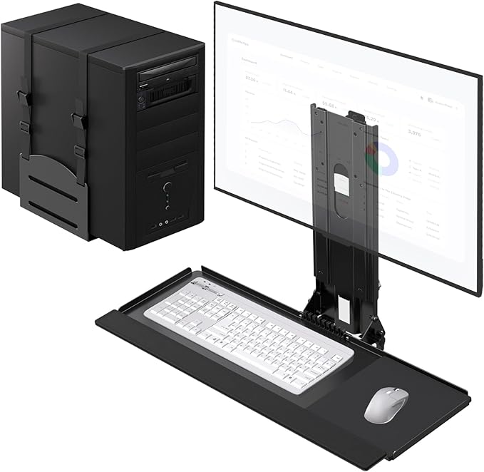 PUTORSEN Monitor and Keyboard Wall Mount with CPU Holder for 32" Monitors (55 lbs Max), Keyboard Tray (4.4 lbs Load) & CPU Holder (22 lbs Capacity) - Height Adjustable, with Mouse Pad, VESA75/100