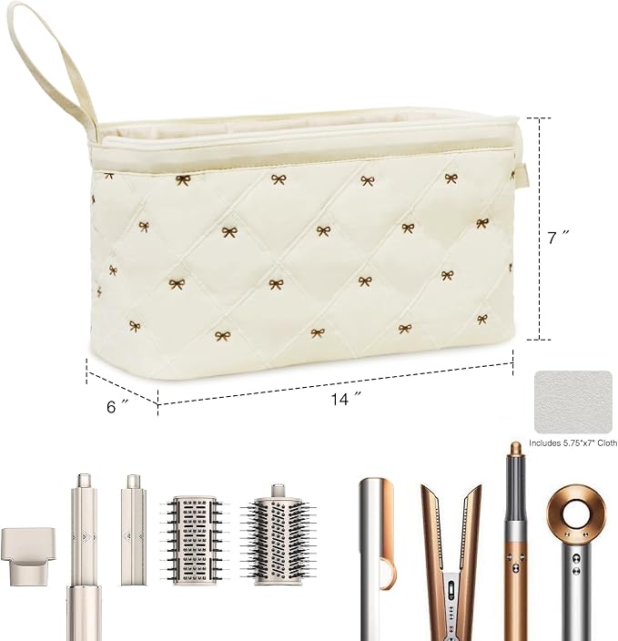 Stratalife Quilted Hair Tools Travel Bag with Polishing Cloth Compatible with Dyson Airwrap Shark Flex Style, Portable Toiletry Bag Hair Dryer Curling Iron Carrying Case Travel Essentials Beige Bow