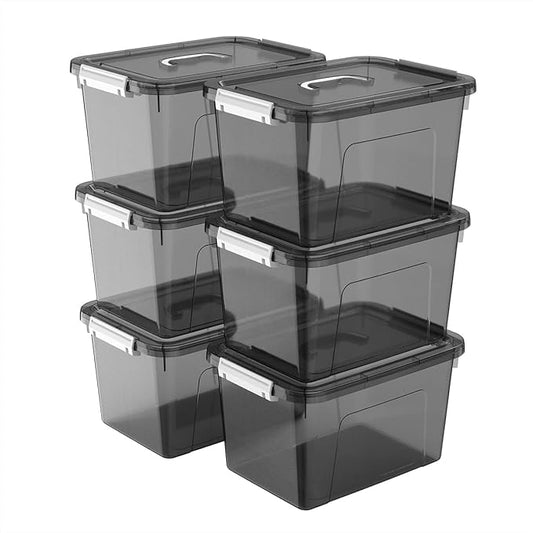 Stackable Plastic Black Storage Bins with Lids 6 Pack, 12 Quart Modular Organizer Boxes with Secure Latches for Closet, Pantry, Office and Small Item Storage