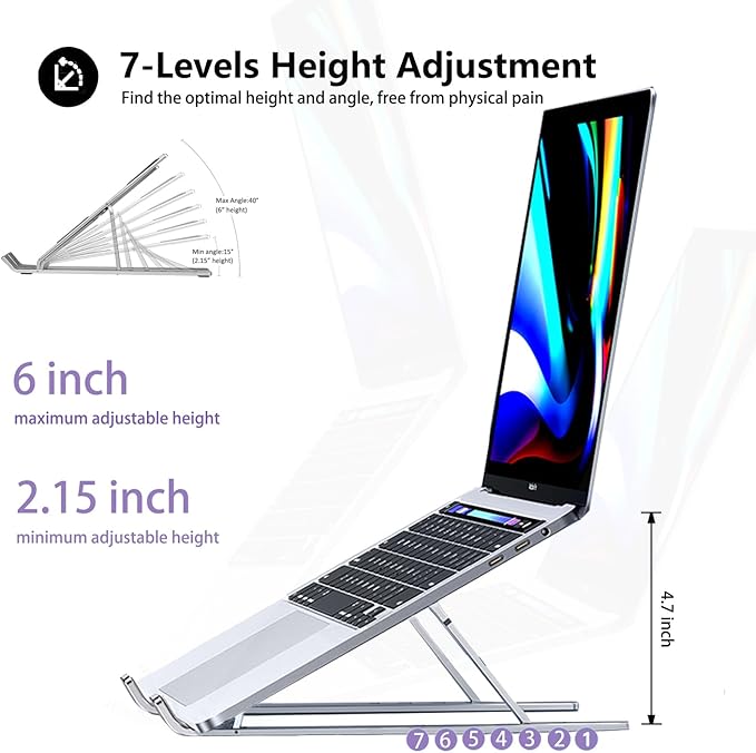 Portable Laptop Stand BEIFOER Foldable Laptop Stands for Desk, Adjustable Aluminum+Silicone Ergonomic Travel Laptop Riser, Ventilated Cooling MacBook Stand for All 10-18'' Notebook, Sliver