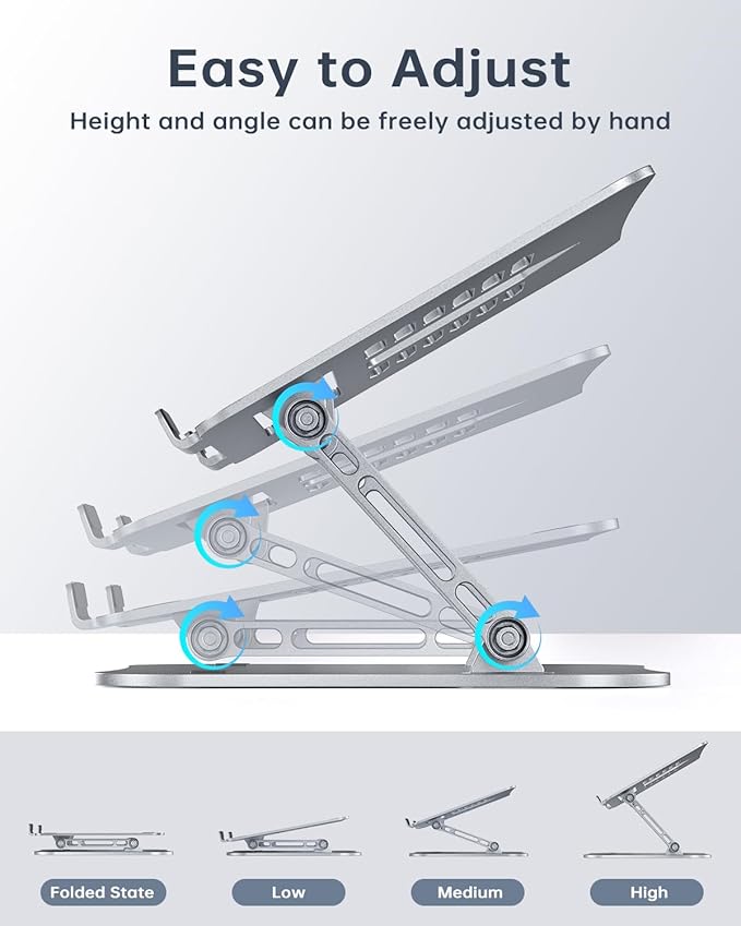 H&C(hcck&Cllassp) Aluminum Laptop Stand for Desk, Foldable and Portable Laptop Riser, Adjustable Notebook Stand, Ventilated Cooling Bracket, Ergonomic Computer Stand for 11-17 inch Notebooks, Silver