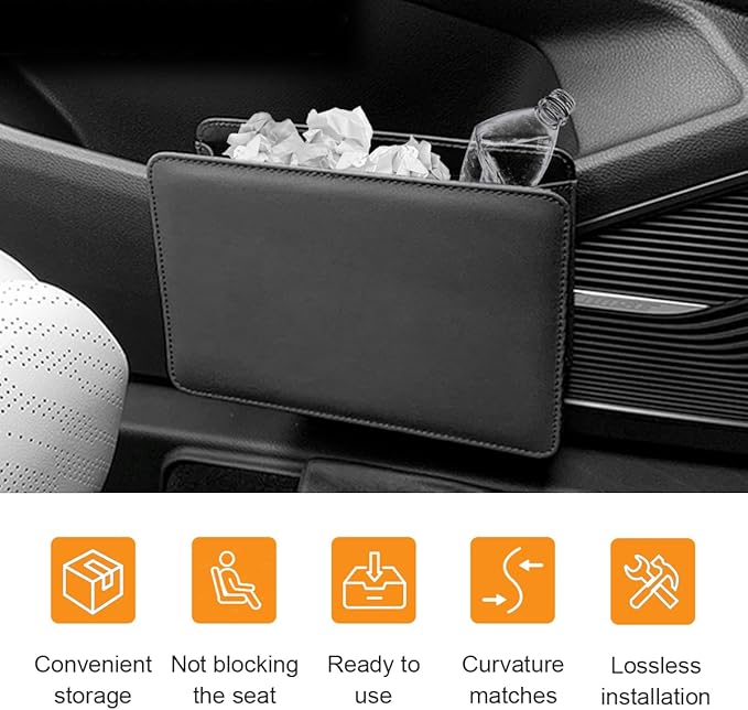 Car Trash Can, Auto Leather Trash Bin Garbage Organizer Holder with One Roll Trash Bag, Mini Foldable Dustbin Storage Bag Container, Multi-Function Trash Box for Car SUV (Black)
