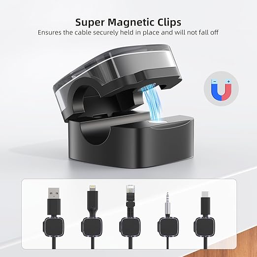 Magnetic Cord Clips, 6 Pack Cord Organizer Holder for Desk Office Accessories, Cable Holder Hide Phone USB Power Wire Cord Clips for Management Home Nightstand Kitchen Appliances, Clear Black
