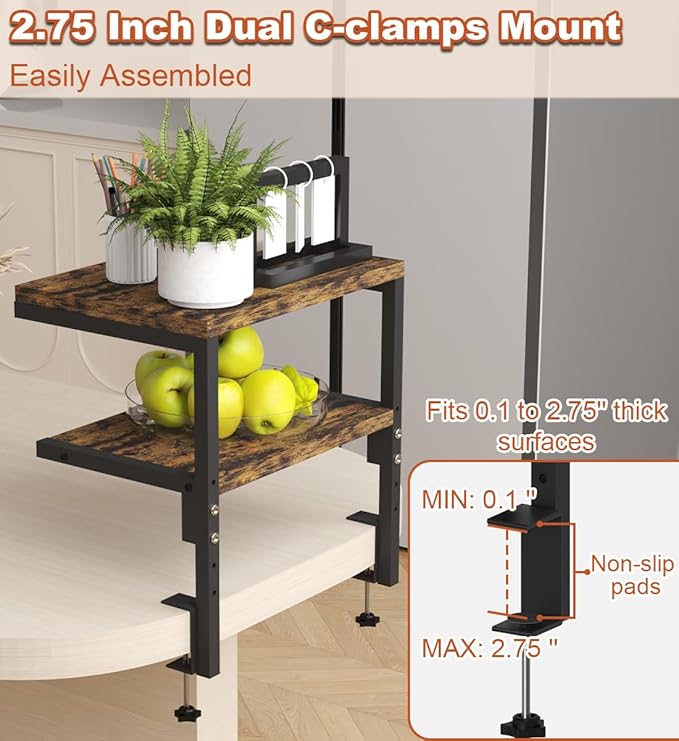 Mondazie Clamp on Desk Organizer Shelf, Heavy-Duty Desk Extender Side Table with 2-Tier Adjustable Storage Shelves for Desktop Accessories, Gaming Devices, Black