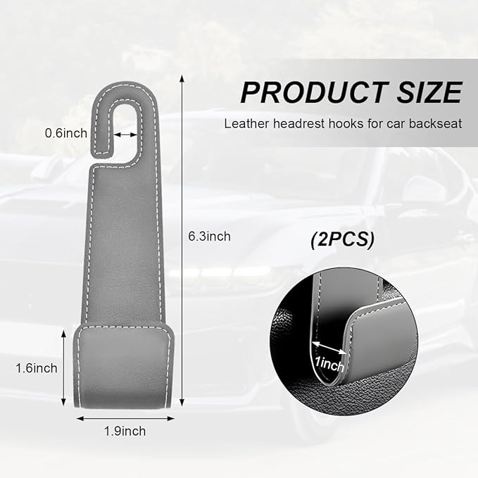 2 PCS Car Seat Headrest Hooks, Microfiber Leather Hanger Holder Hook for Hanging Purse and Bag, Universal Vehicle Back Seat Organizer Hook for Grocery Bag Handbag Coat (Gray)