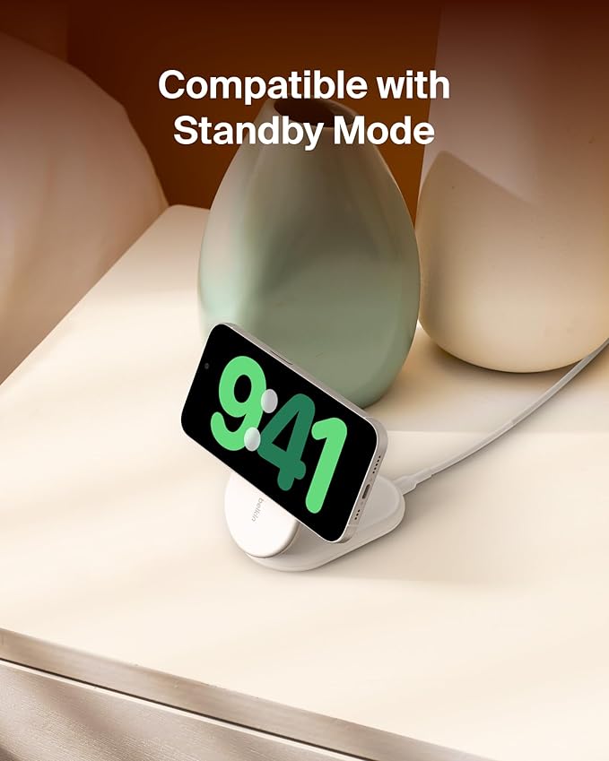 Belkin Magnetic Foldable Wireless Charging Stand 15W - MagSafe-Compatible Qi2-Certified Charger, Wireless Charging Stand for iPhone 16, Galaxy S25, & More - Standby Mode Ready w/PSU Included - White