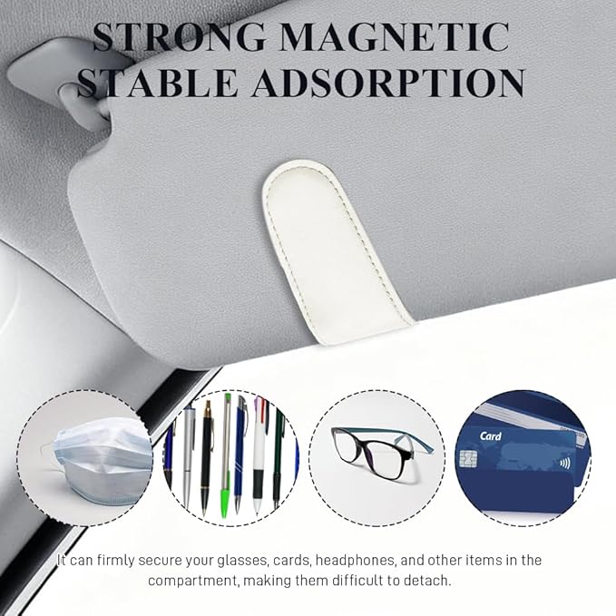 Magnetic Sunglass Holder for Car Visor, Sunglasses Visor Clip, Magnetic Leather Vehicle Glasses Ticket Card Clip, Automotive Eyeglass Hanger Organizer Accessories for Most Vehicles (White)
