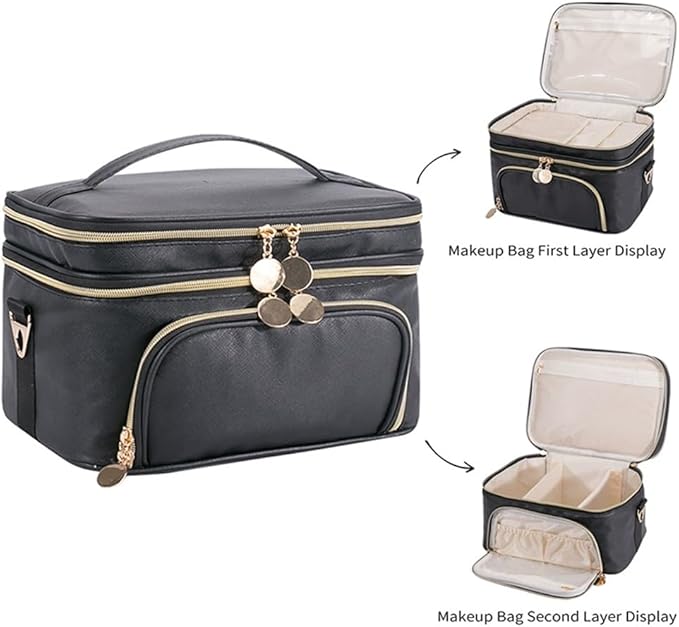 Extral Large Makeup Bag for Women,Double Layer Travel Cosmetic Organizer Case,Skin Care Essentials Toiletries Bags with Shoulder Strap Waterproof Brush Storage with Removable Dividers