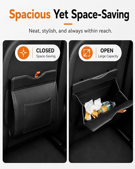 Leather Car Trash Can, Leakproof Car Garbage Can Storage Pocket, Magnetic Liner-Hold, Waterproof Faux Leather Car Trash Bin with Metal Hooks, Odor-Lock Hanging Car Trash Bin for SUV, Sedan, Truck