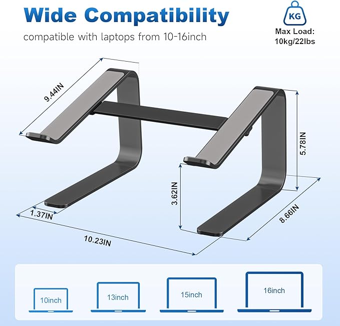 suptek Aluminum Laptop Stand,Ergonomic Detachable Computer Laptop Stand for Desk, Metal Computer Riser, Notebook Riser Heavy Stable PC Holder for 10-16" Laptops Notebook Computer, Black