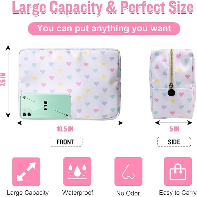 Nylon Large Makeup Bag Travel Cosmetic Bag Pouch, Big Preppy Makeup Bag Cute Cosmetic Zipper Pouch Purse, Waterproof Toiletry Bag Clutch Makeup Organizer Travel Essentials for Women Girl(White-Heart)