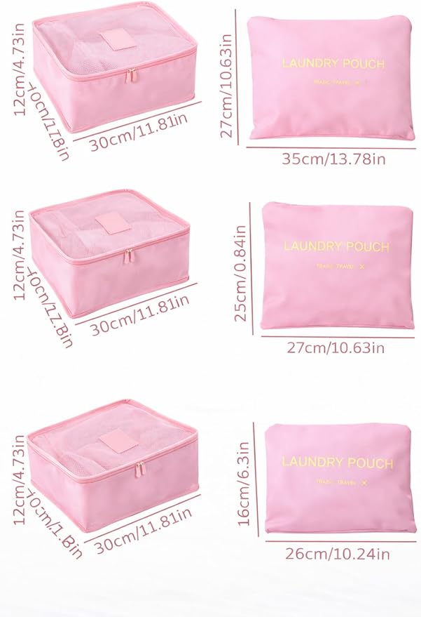 6 Set Travel Packing Cubes for Luggage – Laundry Pouch Organizer Bags, Lightweight Storage Pouches for Clothes, Shoes, and Toiletries (pink)