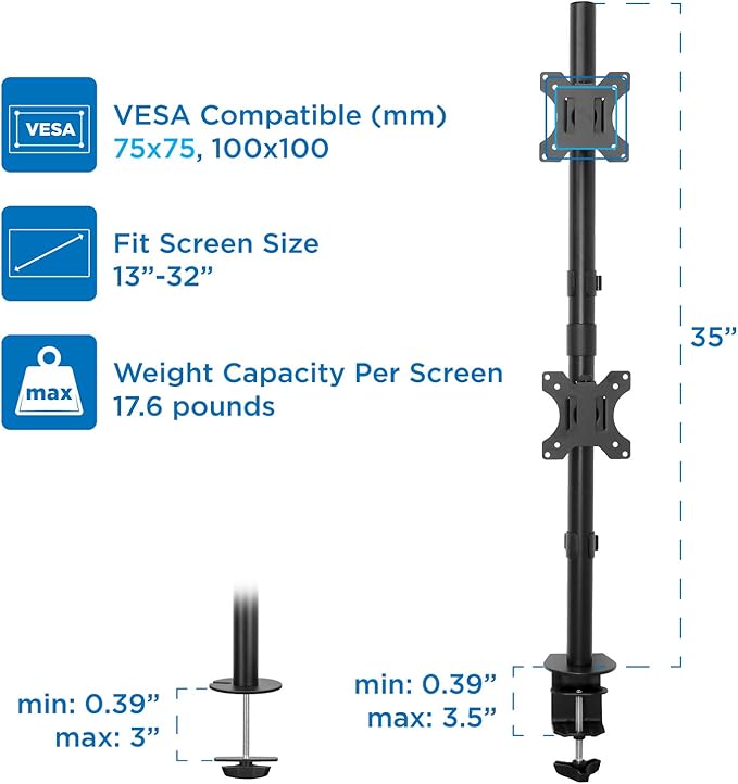 Mount-It! Vertical Dual Monitor Mount | Stacked Monitor Desk Stand | Fits 2 Computer Screens 19 20 21 22 23 24 27 32 Inches | C-Clamp and Grommet Bases | VESA 75 100 Compatible