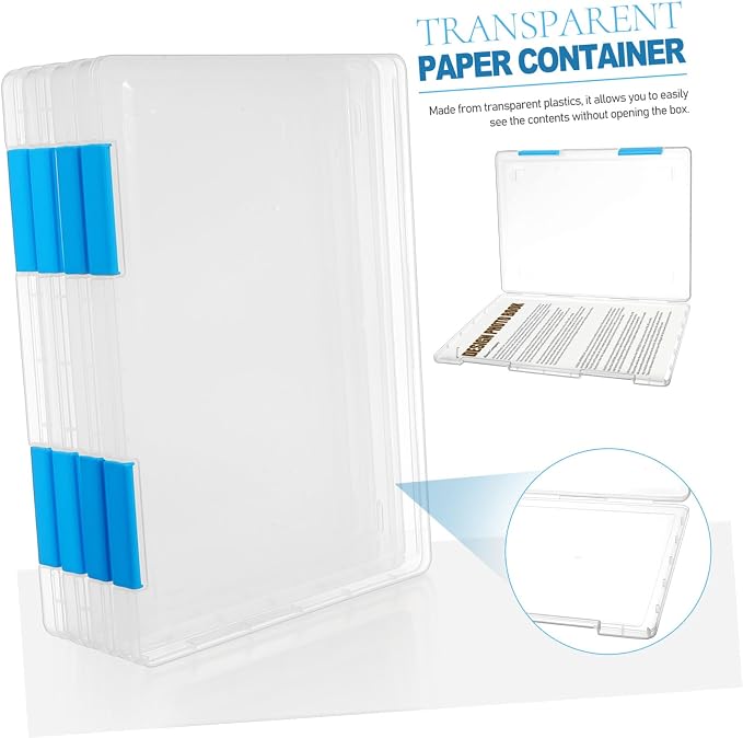 4pcs Clear File Box with Lid Desktop Document Organizer Transparent Plastic Storage Container for Office Paper Blueprint Receipt Filing Space-saving and Stackable Design