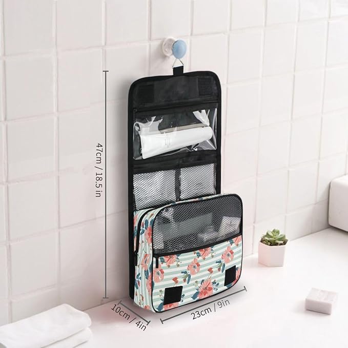 Hanging Travel Toiletry Bag Floral on Striped Kit Makeup Case Cosmetics Organizer for Men Women