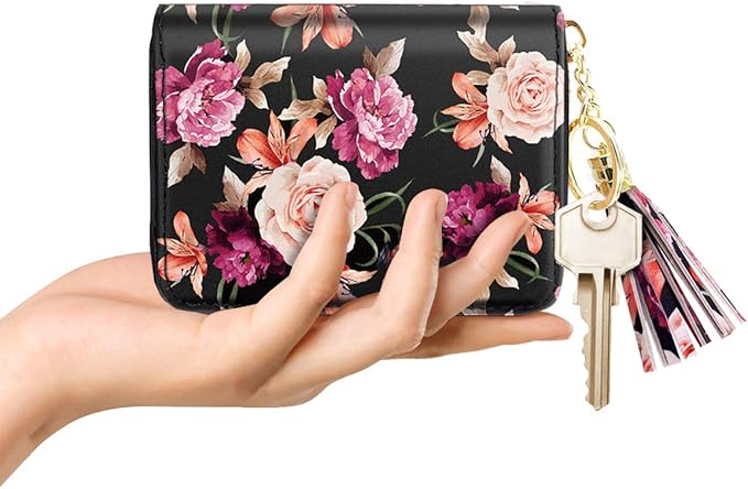 Coco Rossi Women's Flower Credit Card Wallet ID Card Case Floral Cute Accordion Card Holder for Women with Keychan, Black Flower